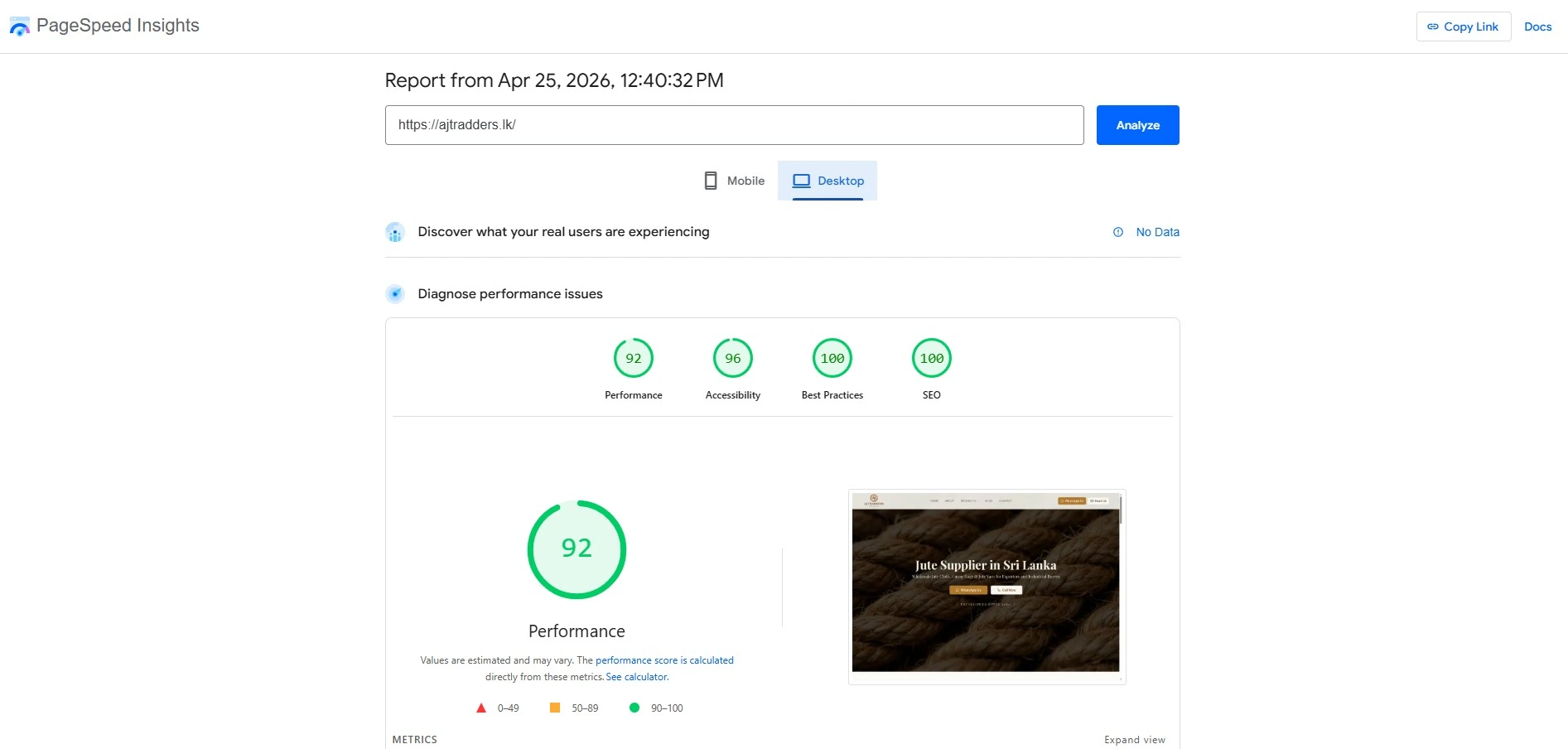 AJ Tradders PageSpeed Score